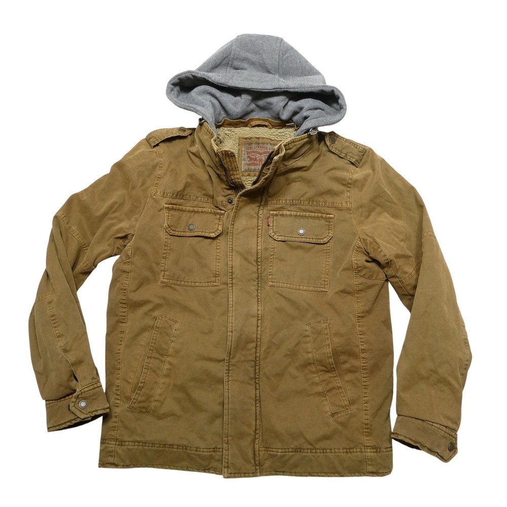 Levi's Jacket Mens Medium Brown Canvas Sherpa Lined Hooded Zip Pockets Insulated